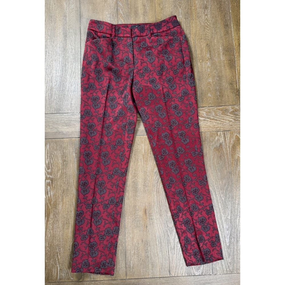 White House Black Market Slim Ankle Pants 00 Red Black lace Floral Jacquard WHBM
